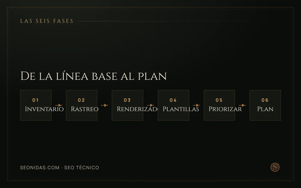 Flujo de seis pasos: inventario, rastreo, renderizado, plantillas, priorizar y plan.