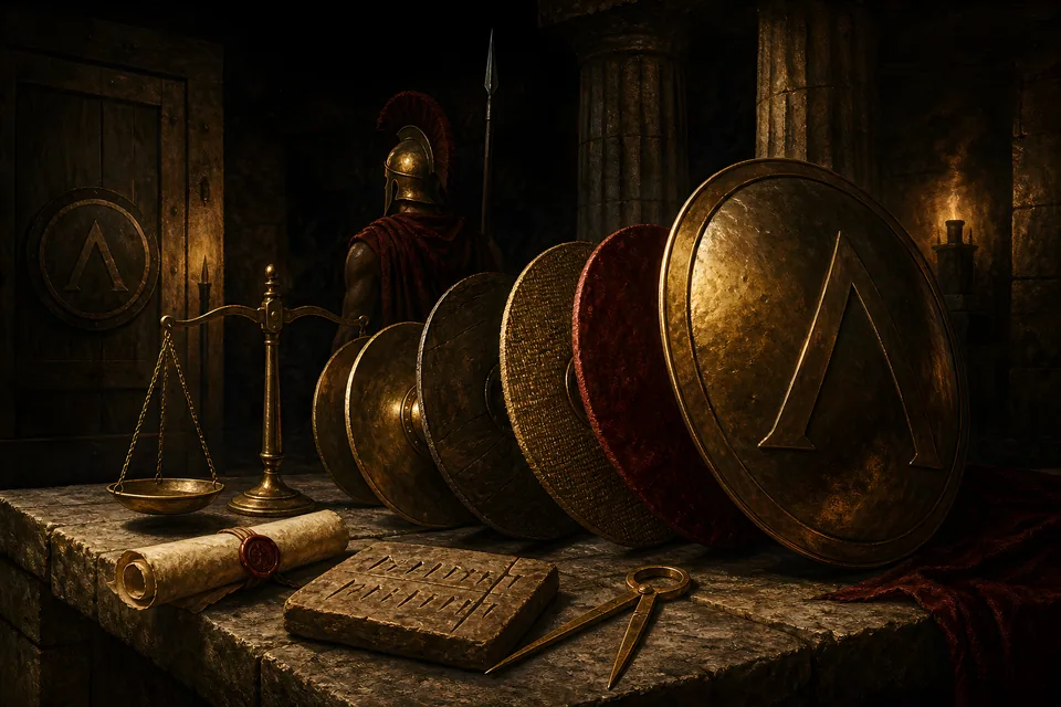 Un escudo espartano desmontado por capas sobre una mesa de piedra, junto a un compás y una balanza de bronce
