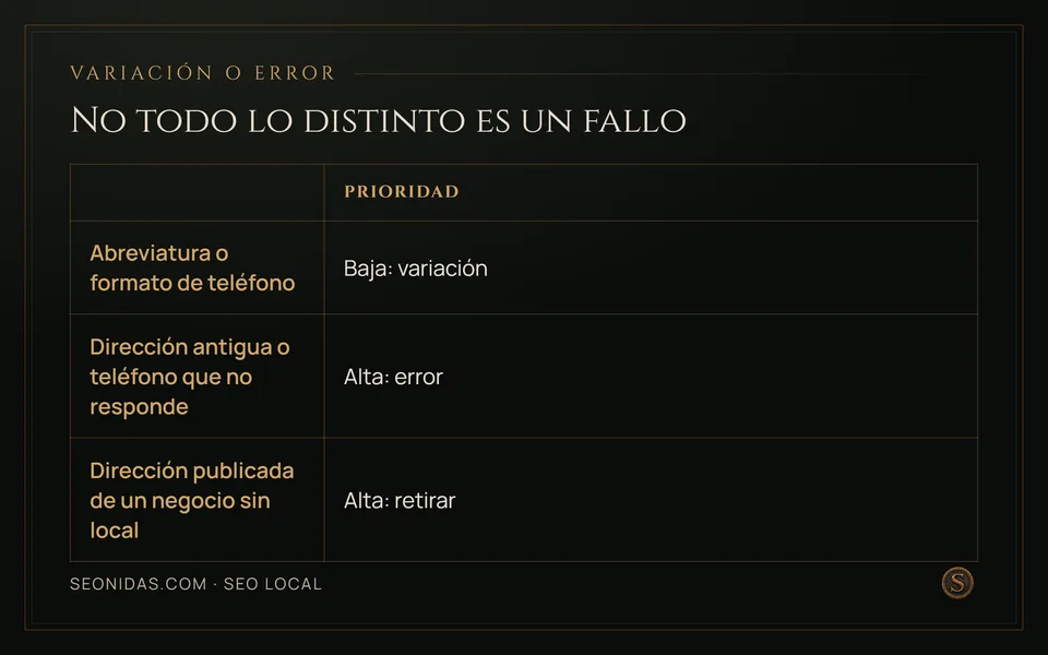 Matriz de tres filas: una variación de formato es prioridad baja; un dato erróneo o una dirección inexistente, alta.