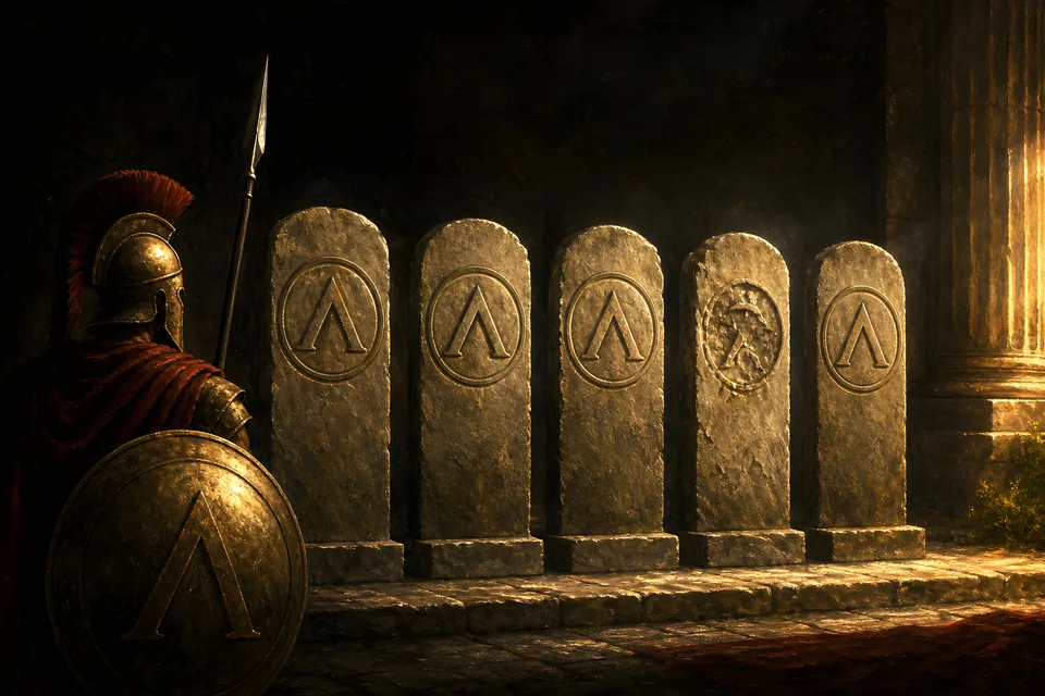 Cinco estelas de piedra con el mismo escudo grabado, una de ellas con el relieve distinto y desgastado