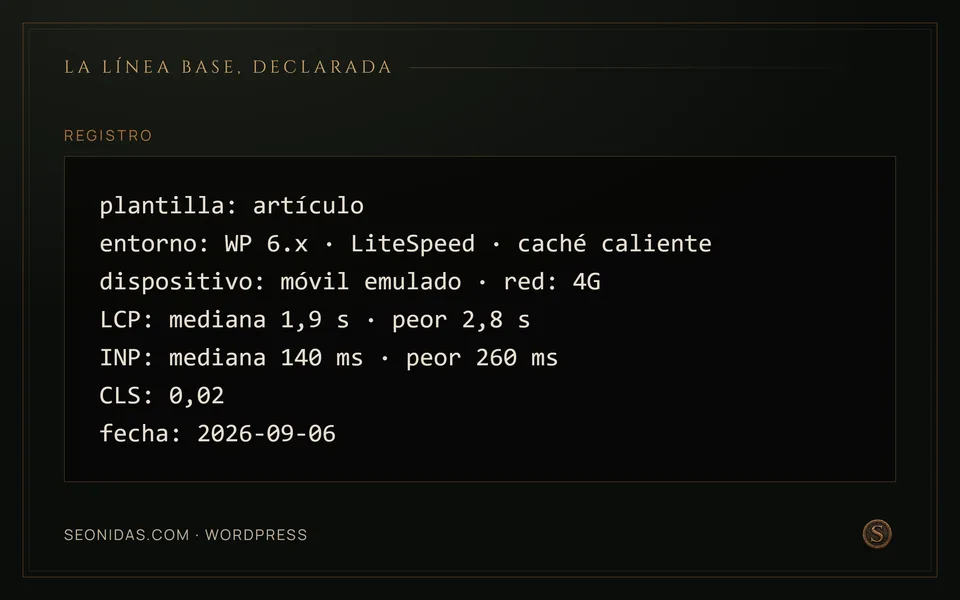 Registro de línea base con plantilla, entorno, dispositivo, red, las tres métricas con mediana y peor valor, y fecha.