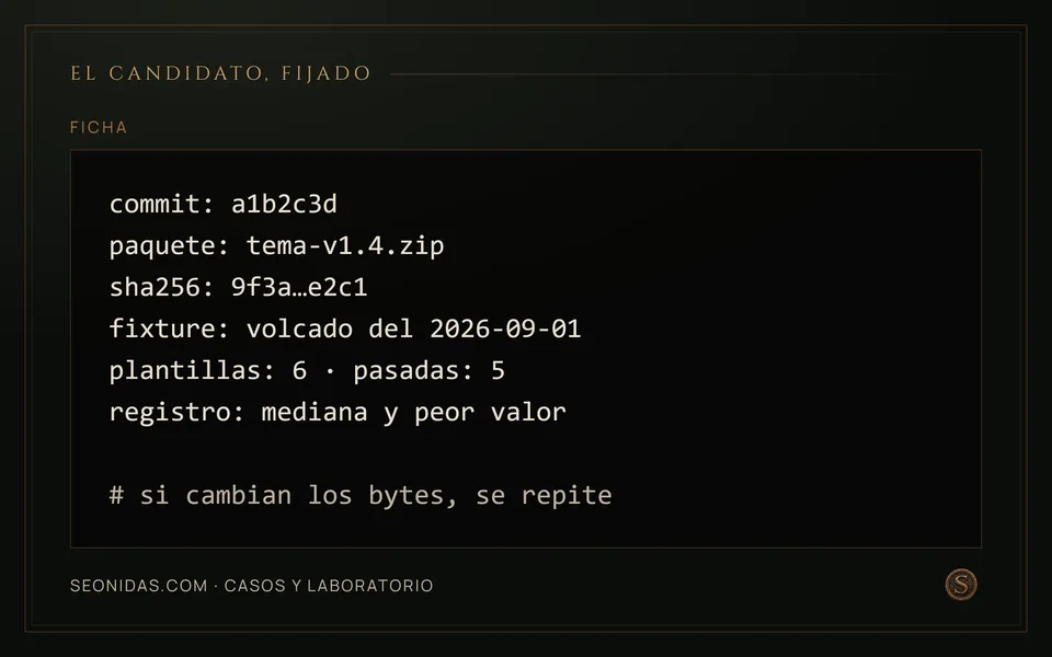 Ficha del candidato: commit, paquete, hash, fixture, plantillas, pasadas y regla de repetición.
