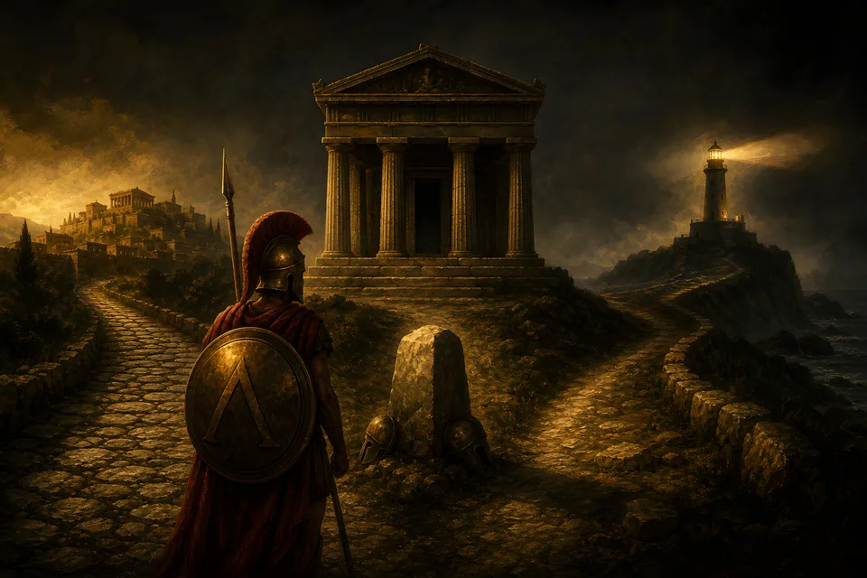 Dos calzadas salen de un templo: una hacia una ciudad amurallada, otra hacia un faro entre la niebla