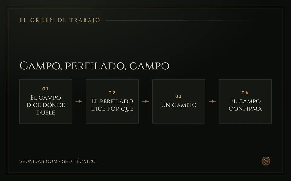 Flujo de cuatro pasos: el campo señala la interacción lenta, el perfilado explica la causa, se aplica un cambio y el campo lo confirma.