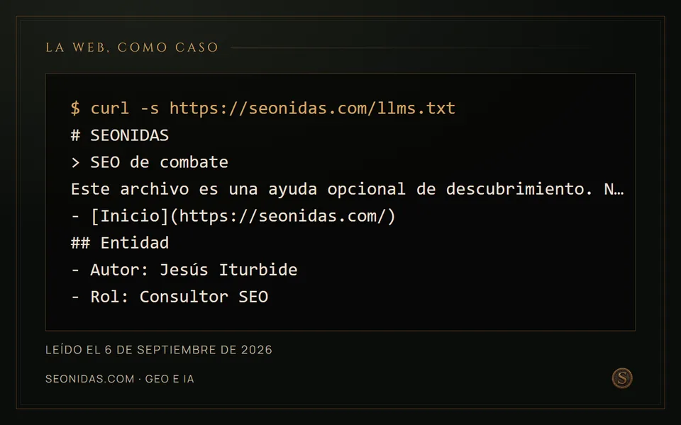 Las primeras líneas del llms.txt real de seonidas.com.