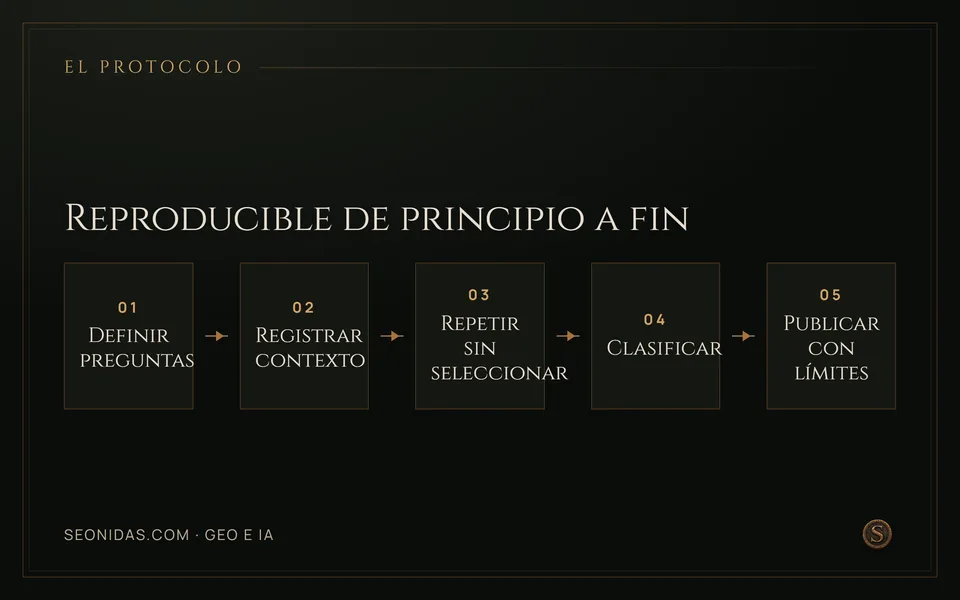 Flujo de cinco pasos: definir preguntas, registrar contexto, repetir, clasificar y publicar con límites.