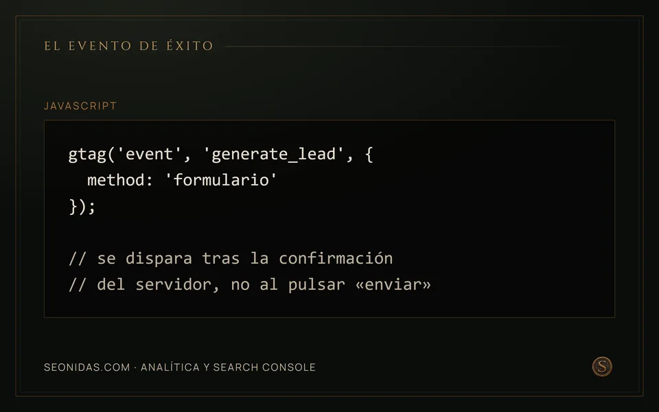 Código del evento generate_lead con el método formulario, disparado tras la confirmación del servidor.
