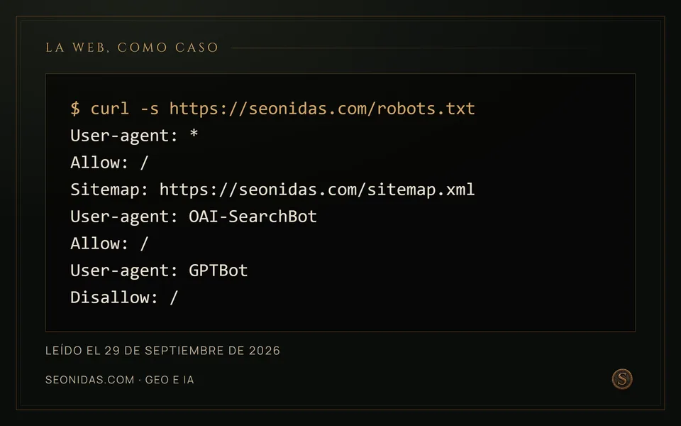 El robots.txt real de seonidas.com con las reglas para OAI-SearchBot y GPTBot.