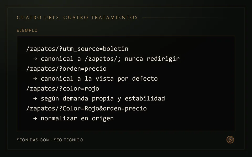 Cuatro URLs con parámetros y el tratamiento que corresponde a cada una.