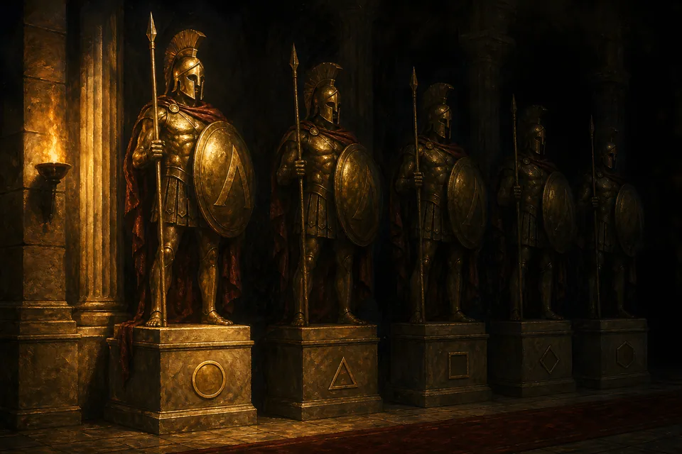 La misma estatua de bronce repetida sobre pedestales con distintas marcas, solo la primera iluminada