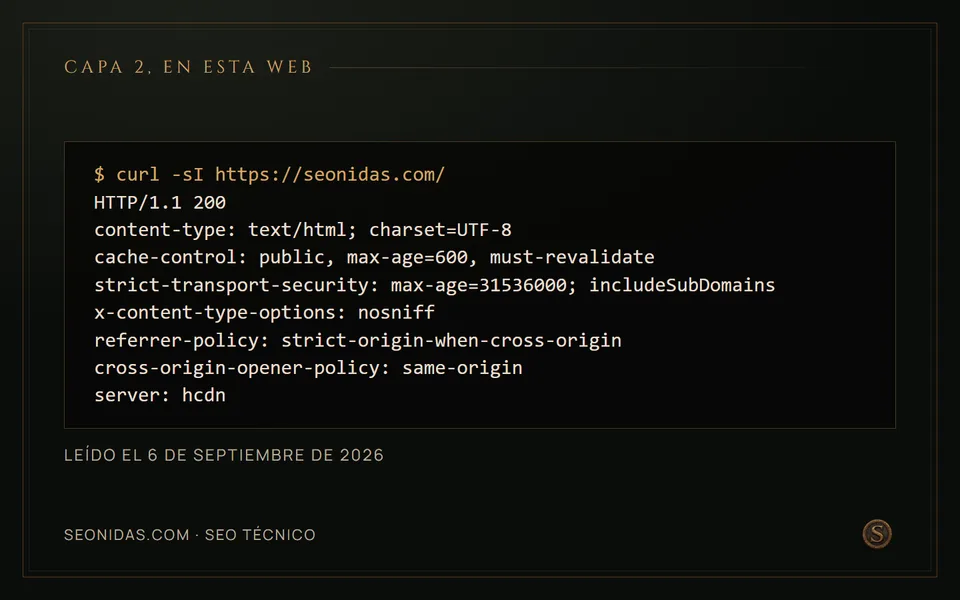 Cabeceras reales de la portada de seonidas.com: estado 200 y las políticas de caché y seguridad.