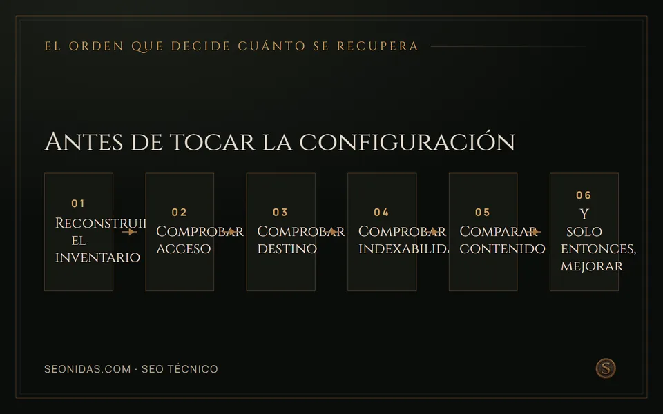 Flujo de seis pasos: del inventario de URLs a la mejora, pasando por acceso, destino, indexabilidad y contenido.