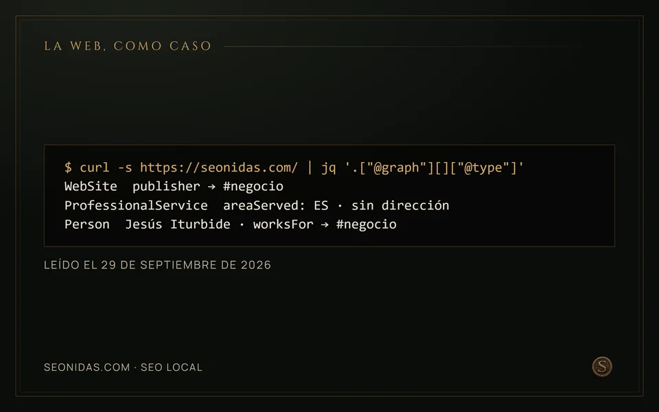 El grafo real de seonidas.com: ProfessionalService con área de servicio España y sin dirección postal.