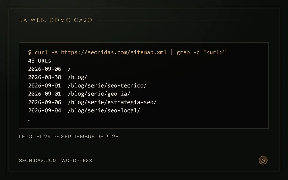 El sitemap real de seonidas.com: número de URLs y sus primeras entradas con lastmod.