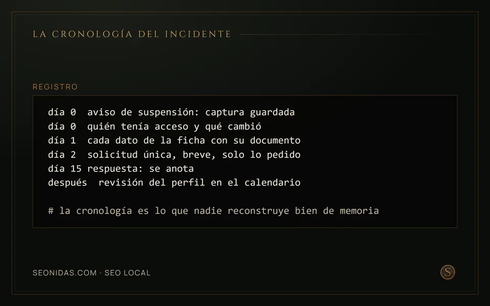 Cronología de ejemplo de un incidente de suspensión, del aviso a la revisión posterior.