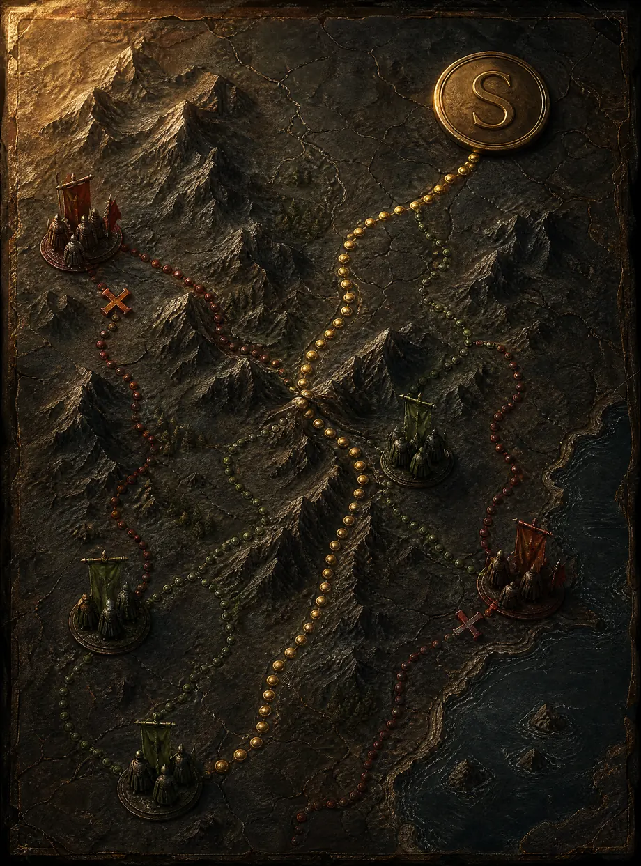 Mapa táctico en relieve con las rutas de los competidores y la ruta dorada hasta el sello con la S