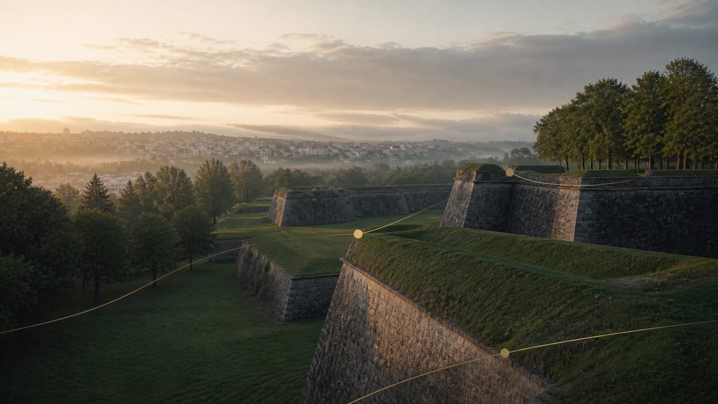Vista editorial de la Ciudadela de Pamplona con señales cartográficas discretas.